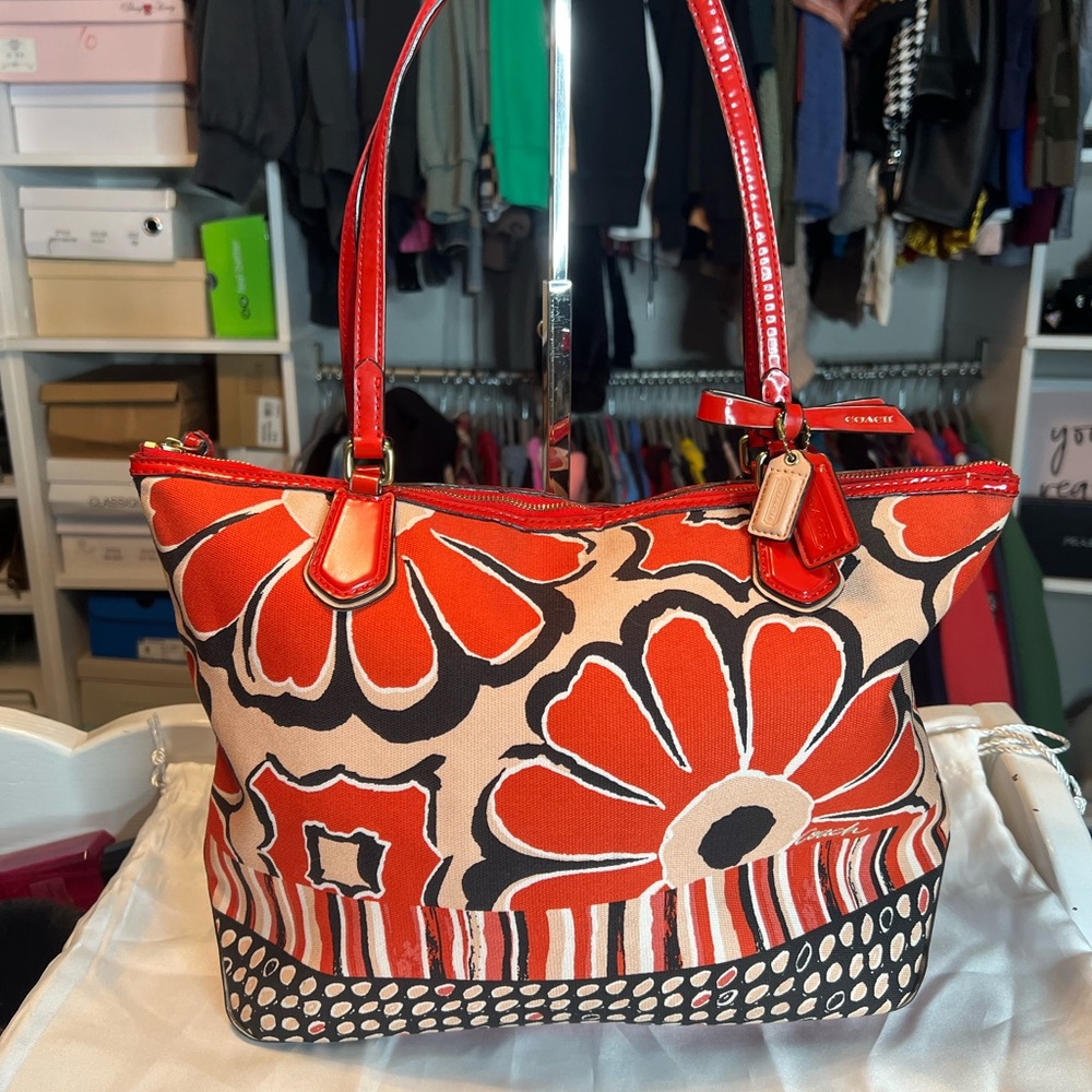 Coach Red and Black Floral Tote